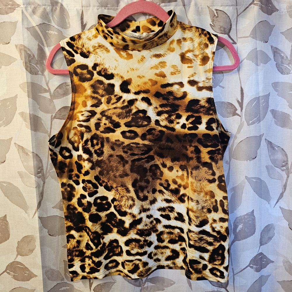 Olivia Rae Cheetah Print Leopard Print High Neck Cutoff Sleeve Tank Top